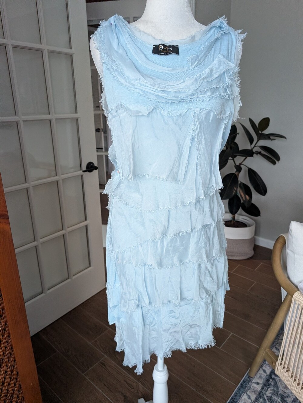 BHM Fashion Italy Light Blue Sleeveless Fringe Layered Dress Silk Blend XS/S